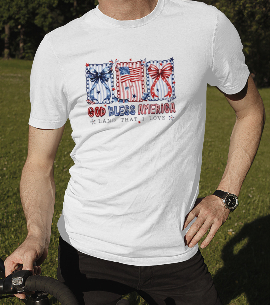 Coquette God Bless America Land That I Love Patriotic Fourth Of July Bows And Flags T-Shirt