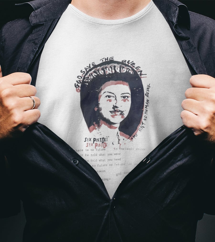 Sex Pistols God Save The Queen She Ain't No Human Being Union Jack Collar T-Shirt