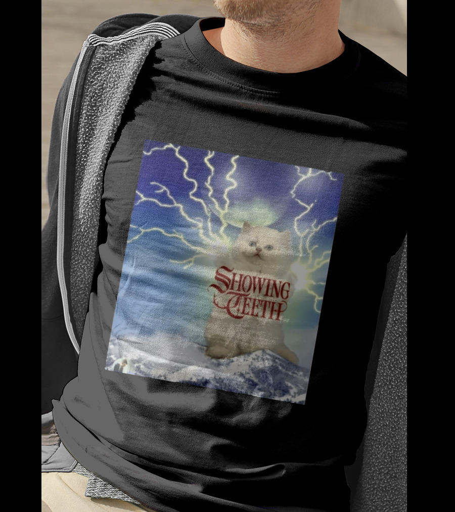 Showing Teeth Cat With Lightning Background In Blue Sky T-Shirt