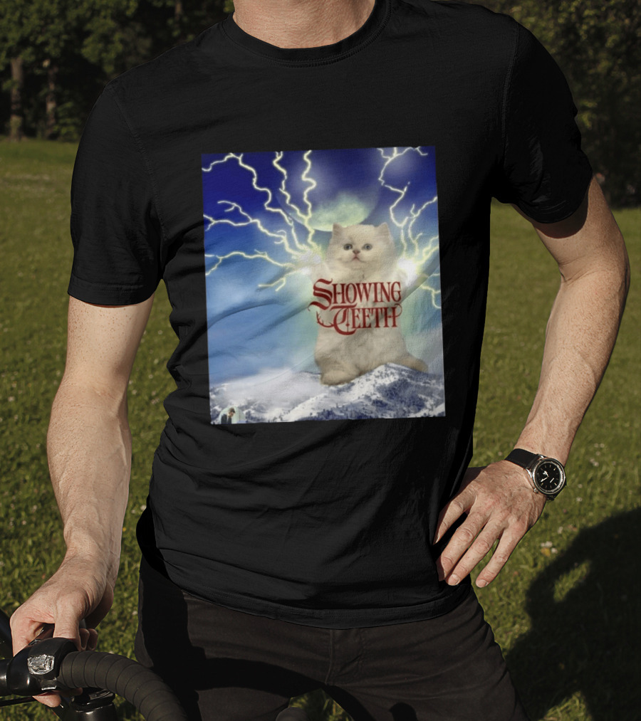 Showing Teeth Cat With Lightning Background In Blue Sky T-Shirt