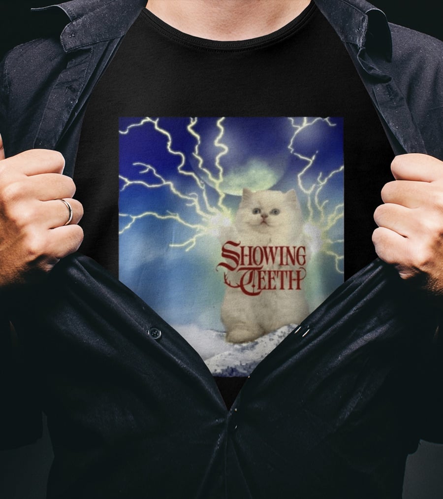 Showing Teeth Cat With Lightning Background In Blue Sky T-Shirt