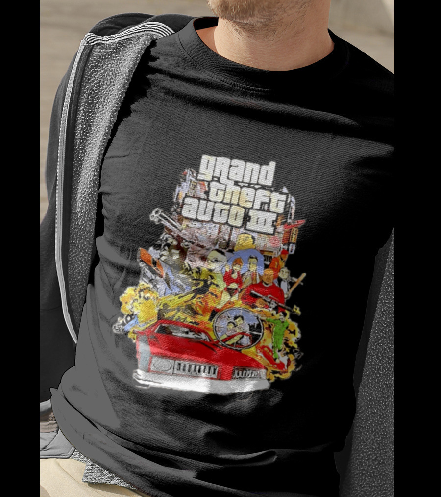 Grand Theft Auto III Characters Action Collage With Iconic Red Car T-Shirt