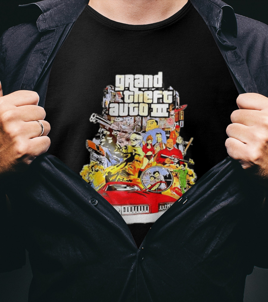 Grand Theft Auto III Characters Action Collage With Iconic Red Car T-Shirt