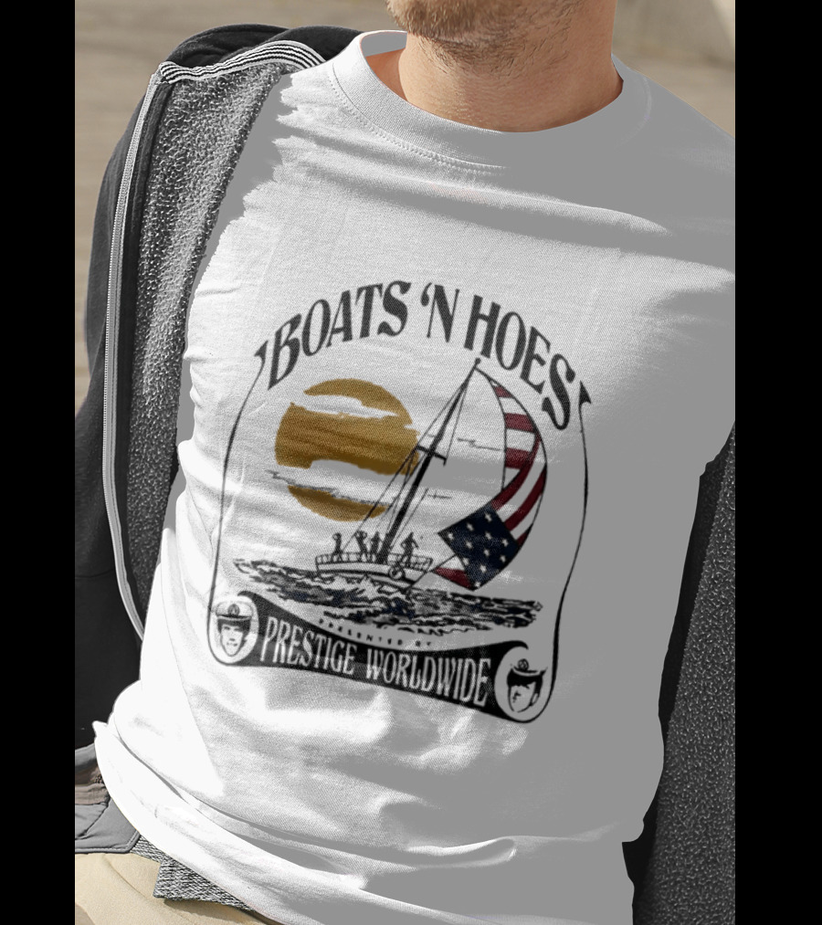 Boats N Hoes Prestige Worldwide USA Flag Sailing Sun Ocean T-Shirt