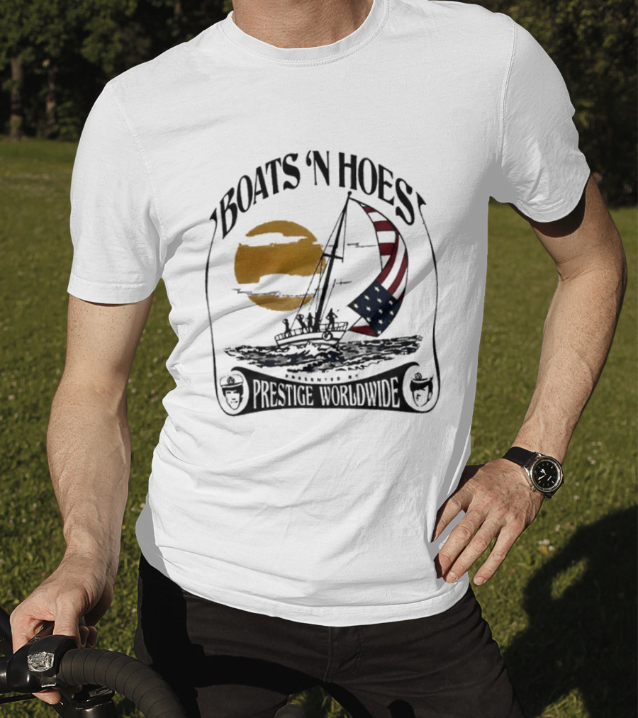 Boats N Hoes Prestige Worldwide USA Flag Sailing Sun Ocean T-Shirt