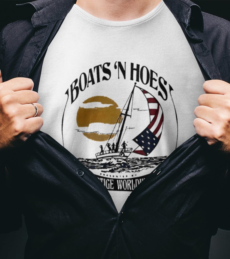 Boats N Hoes Prestige Worldwide USA Flag Sailing Sun Ocean T-Shirt