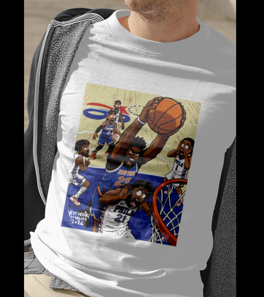 New York Knicks Mitchell Robinson Dunking On Philadelphia Joel Embiid Caricature 2026 Basketball Action T-Shirt
