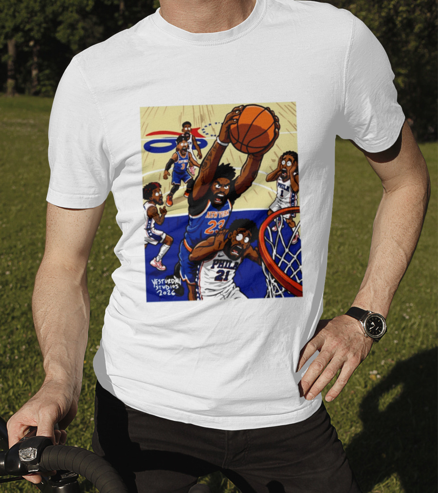 New York Knicks Mitchell Robinson Dunking On Philadelphia Joel Embiid Caricature 2026 Basketball Action T-Shirt
