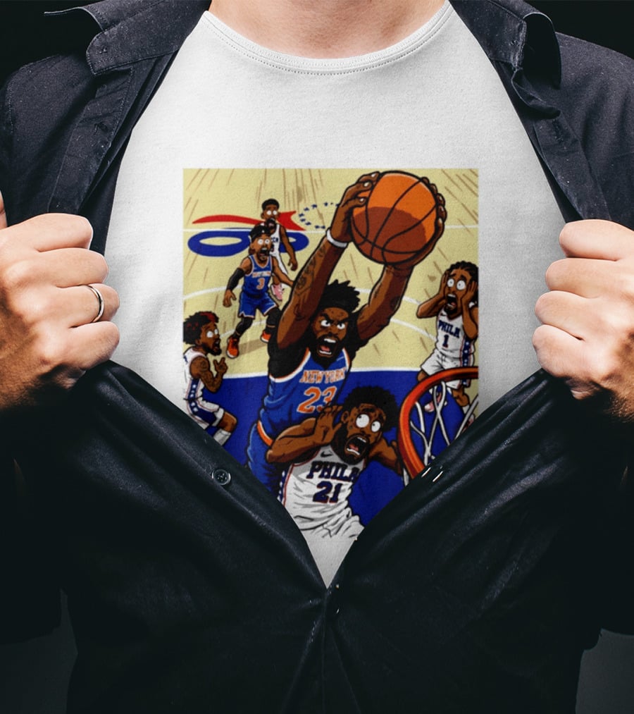 New York Knicks Mitchell Robinson Dunking On Philadelphia Joel Embiid Caricature 2026 Basketball Action T-Shirt