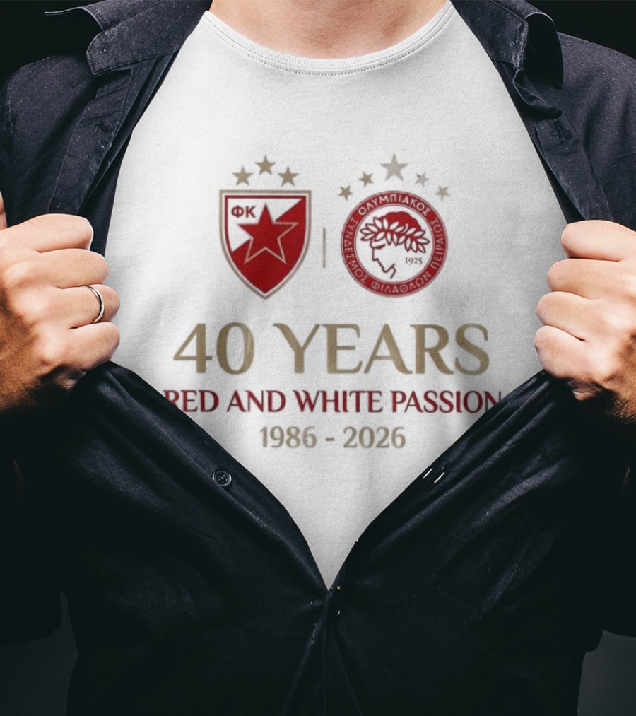 Olympiacos FC 40 Years Red And White Passion 1986 2026 T-Shirt