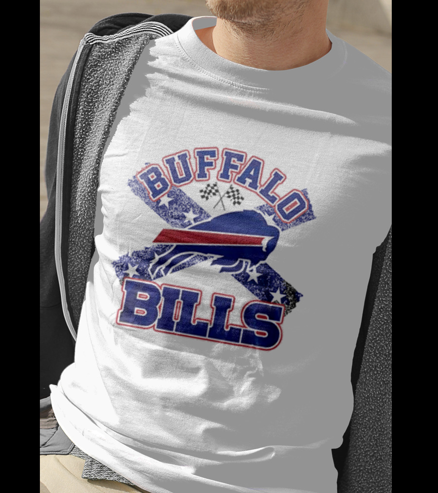 Buffalo Bills Caricature With Flag And Crossed Checkered Flags T-Shirt