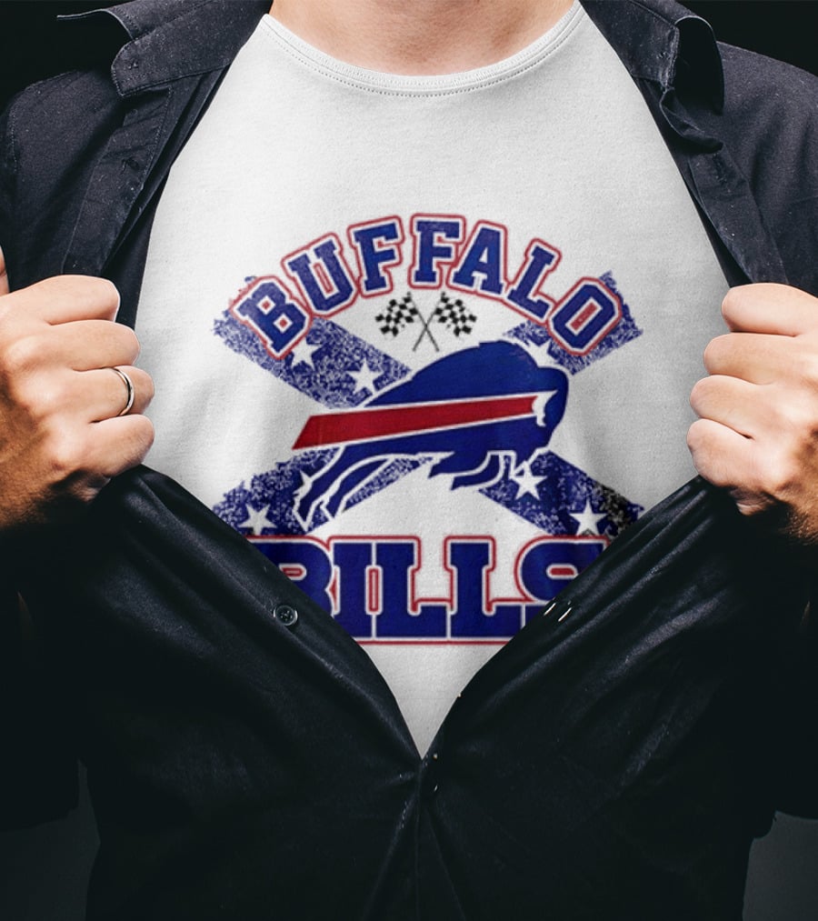 Buffalo Bills Caricature With Flag And Crossed Checkered Flags T-Shirt