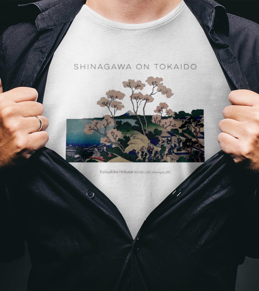 Shinagawa On Tokaido Katsushika Hokusai Cherry Blossoms And Travelers In Edo Period Japan T-Shirt