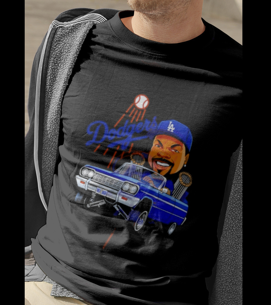 Ice Cube Cartoon Driving Lowrider Los Angeles Dodgers Baseball T-Shirt