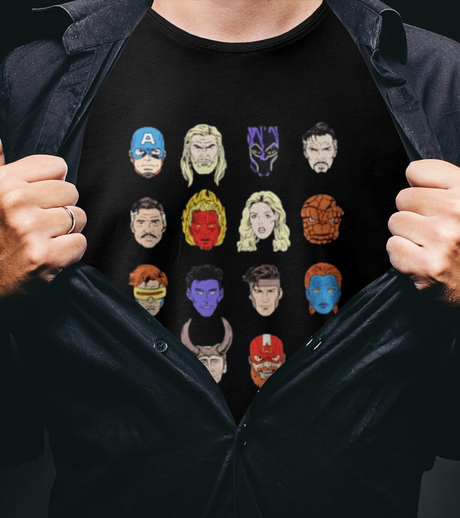 Heroes Assemble Big Head Iconic Characters Collage T-Shirt
