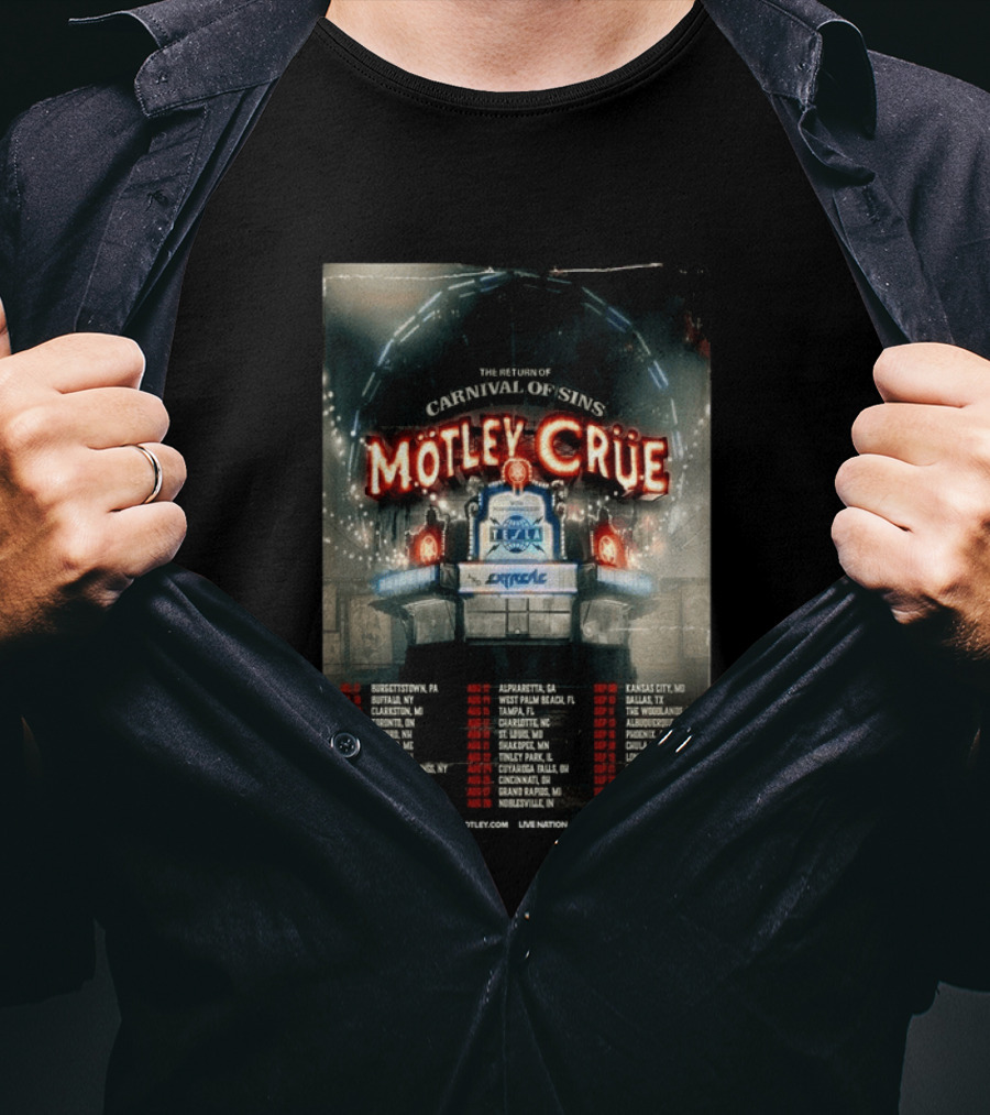 Motley Crue Carnival Of Sins Tour 2026 Featuring Tesla Dates And Locations T-Shirt
