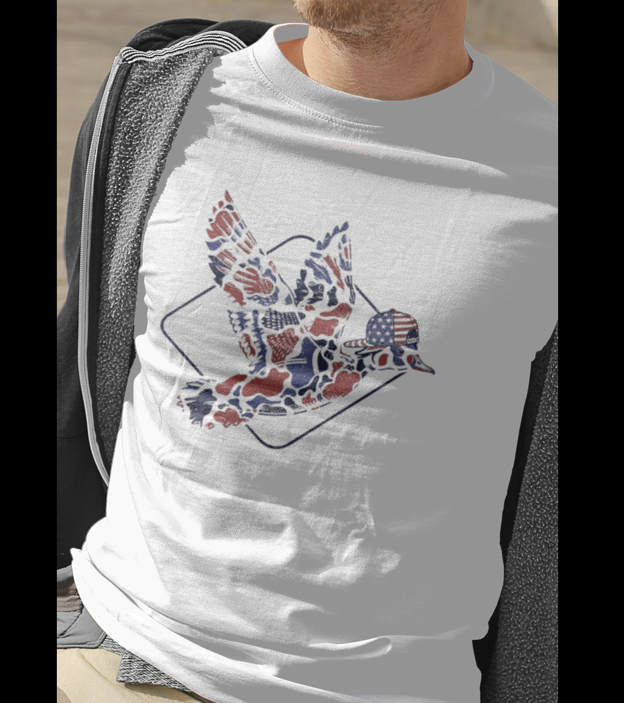 Camo Flying Mallard Duck USA American Flag Independence Day T-Shirt