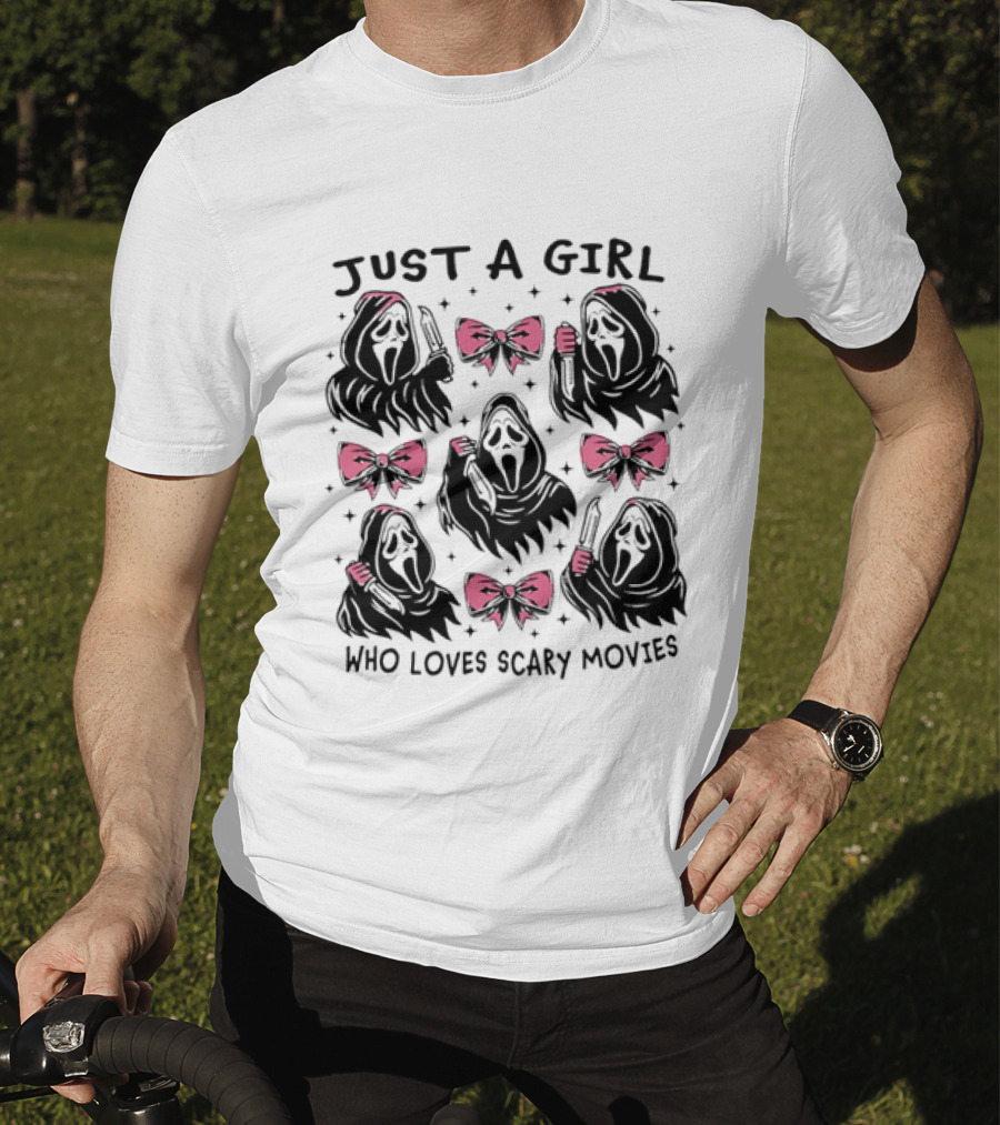 Just A Girl Who Loves Scary Movies Ghost Face Pink Bow T-Shirt