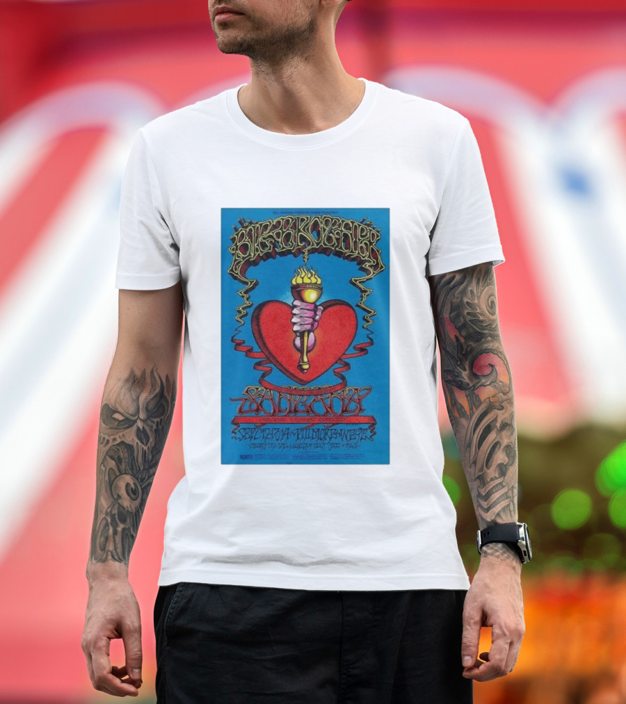 Big Brother The Holding Company Blue Background Red Heart And Torch Iconic Psychedelic T-Shirt