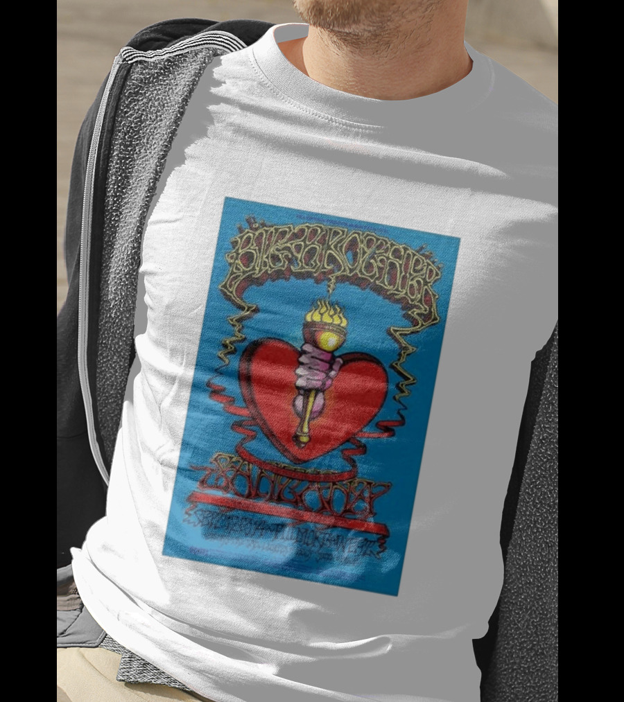 Big Brother The Holding Company Blue Background Red Heart And Torch Iconic Psychedelic T-Shirt