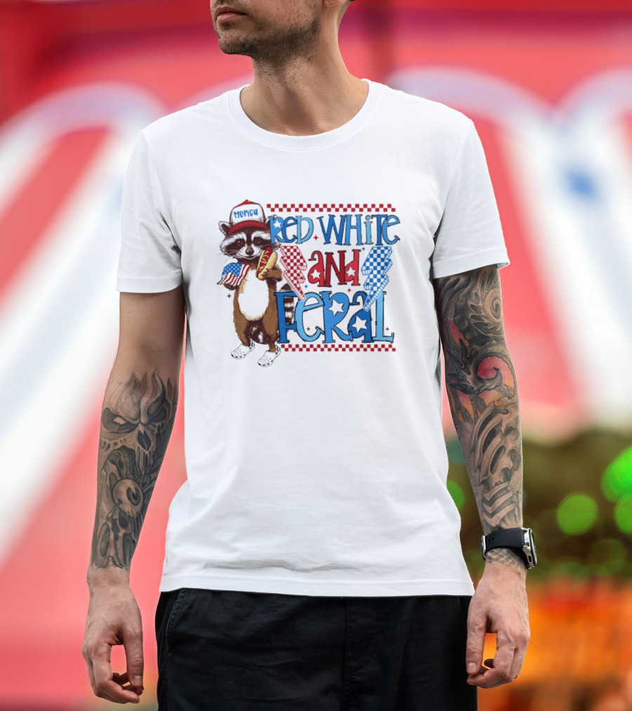 Red White And Feral Raccoon Hot Dog Patriotic 4th Of July Celebration T-Shirt