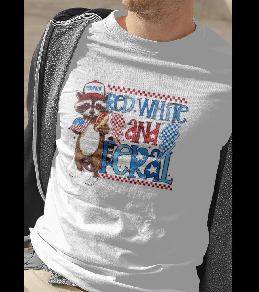Red White And Feral Raccoon Hot Dog Patriotic 4th Of July Celebration T-Shirt