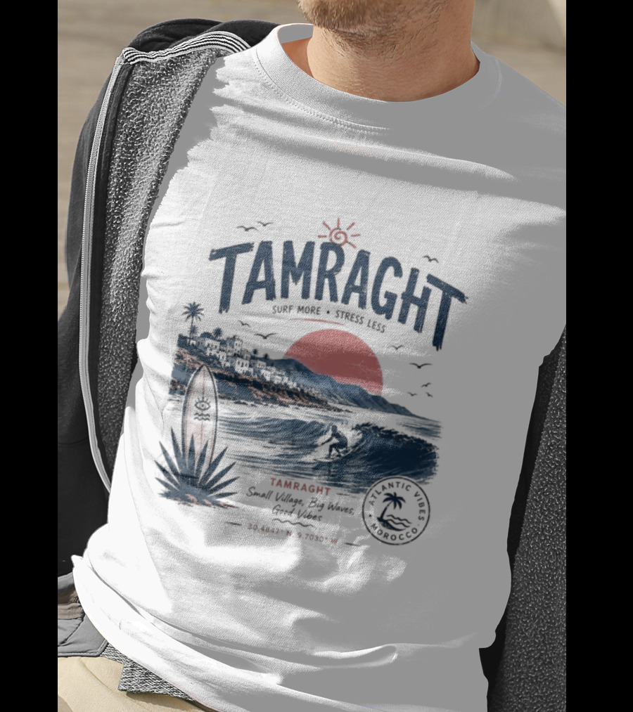 Tamraght Surf Maroc A Surfing Adventure Red Sun Ocean Waves T-Shirt