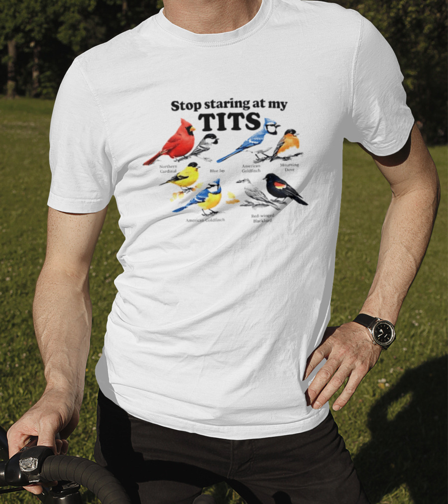 Stop Staring At My Tits Northern Cardinal Blue Jay American Goldfinch Mourning Dove Red Winged Blackbird T-Shirt