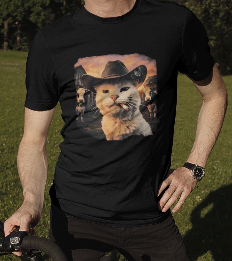 Cowboy Cat Smoking Cigarette In Rustic Barnyard Scene With Cows T-Shirt