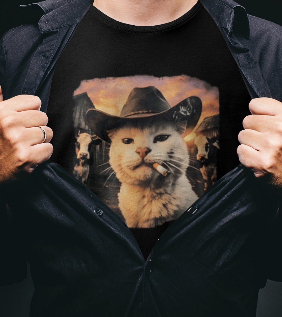 Cowboy Cat Smoking Cigarette In Rustic Barnyard Scene With Cows T-Shirt