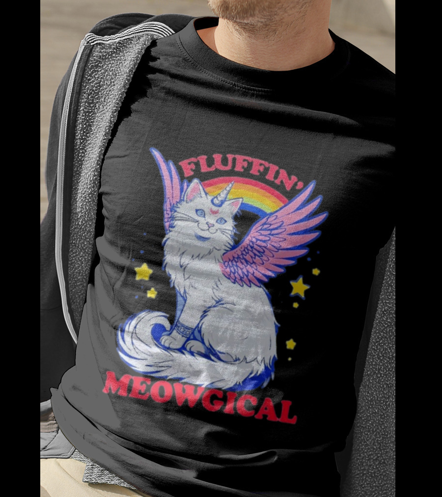 Fluffin' Meowgical Winged Unicorn Cat Rainbow Stars T-Shirt