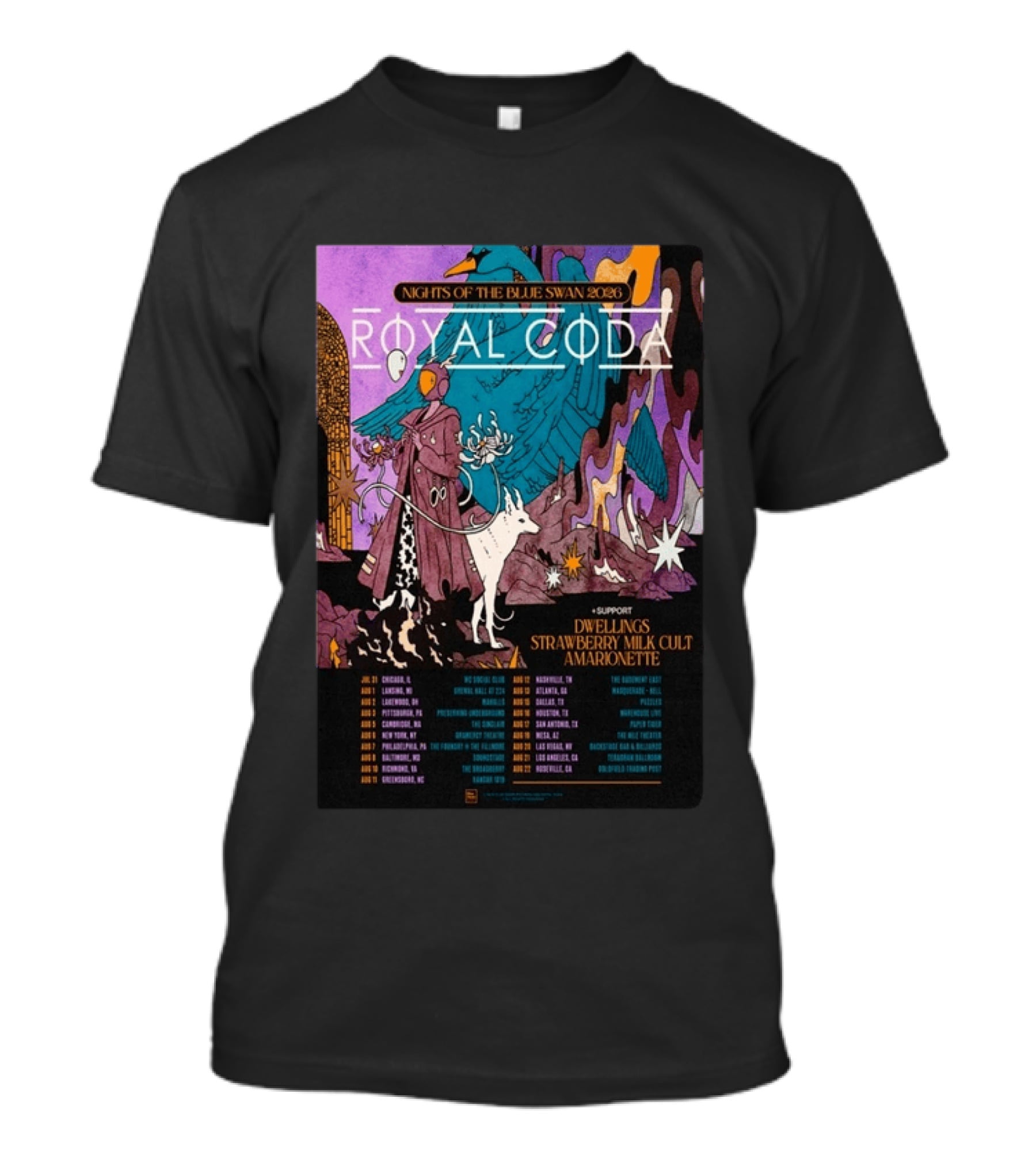 Nights Of The Blue Swan 2026 Royal Coda Tour Dates Dwelling Strawberry Milk Cult Amarionette T-Shirt