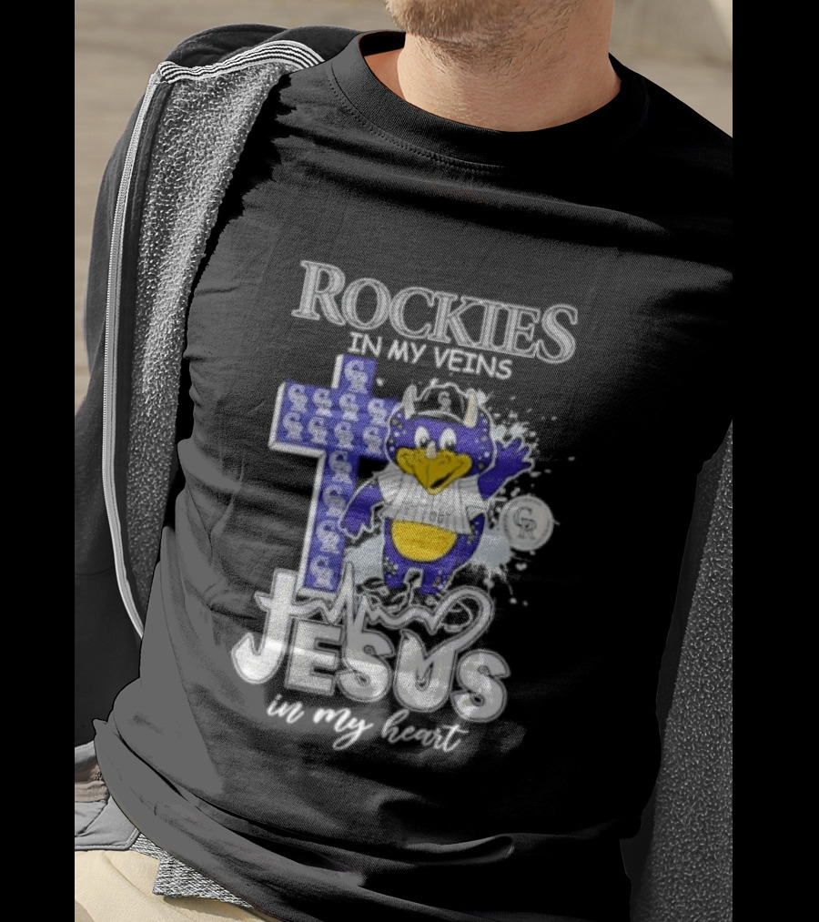 Colorado Rockies Baseball In My Veins Jesus In My Heart Cross Christian Rockies T-Shirt