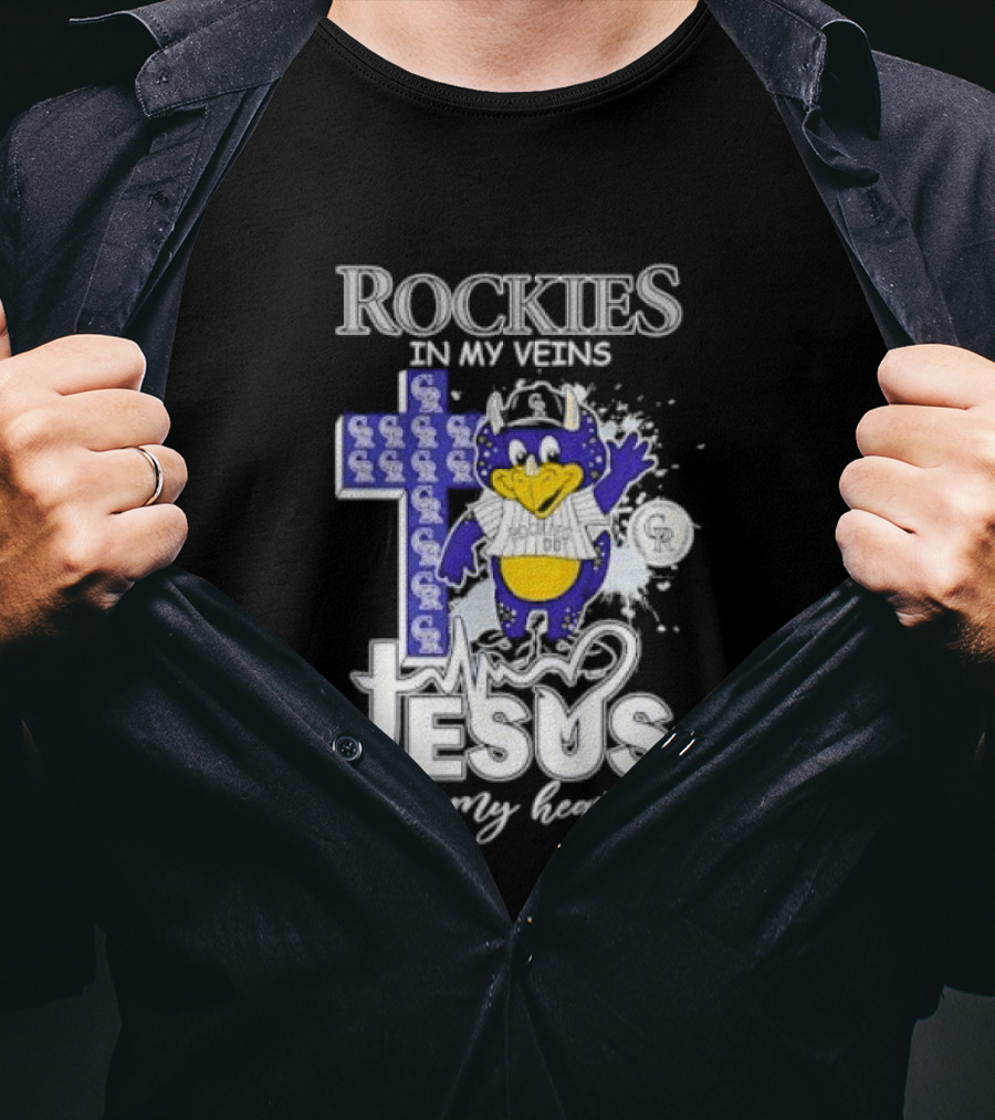 Colorado Rockies Baseball In My Veins Jesus In My Heart Cross Christian Rockies T-Shirt
