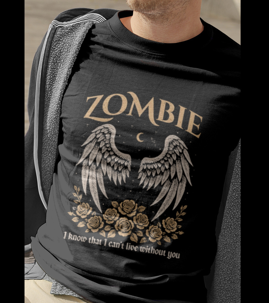 Zombie Angel Wings Crescent Moon Roses I Know That I Can't Live Without You T-Shirt