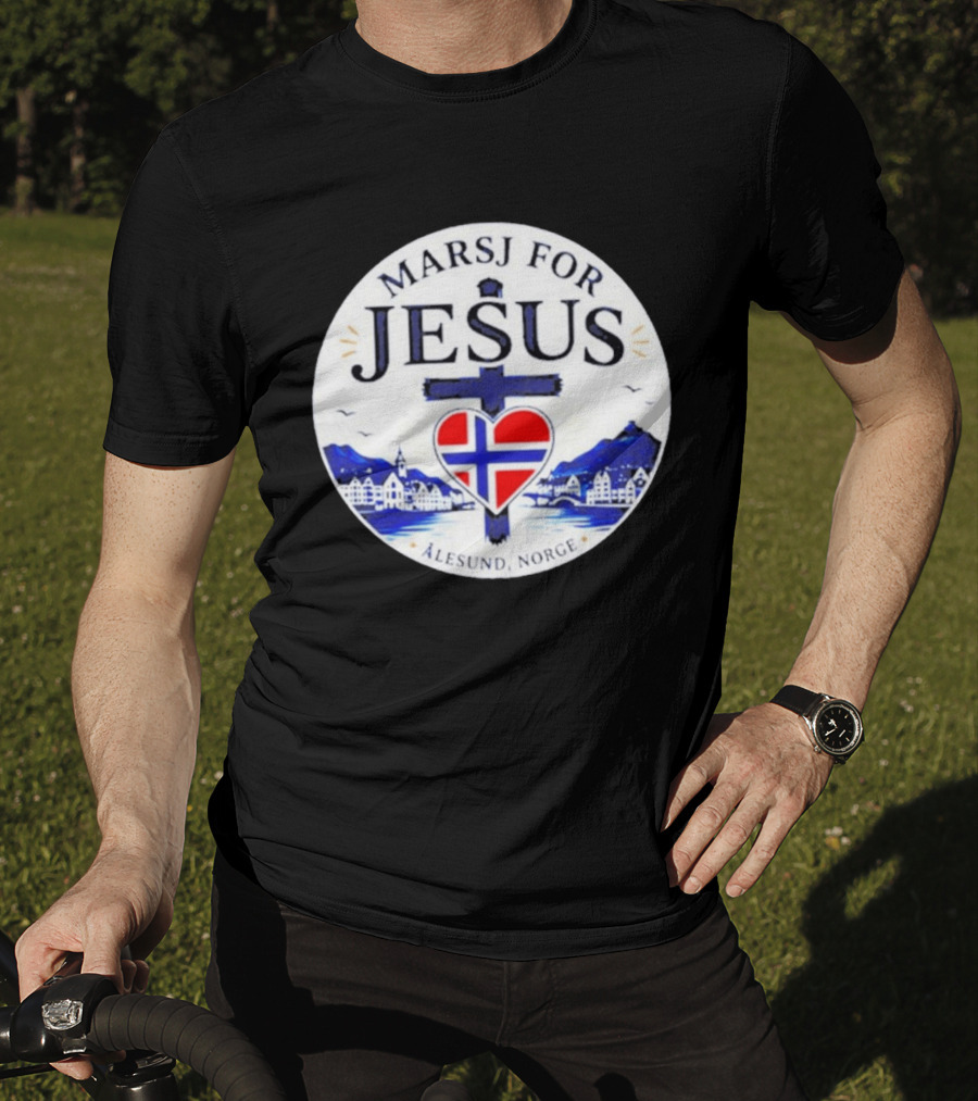 Marsj For Jesus Ålesund Norge Heart And Cross With Norwegian Flag T-Shirt