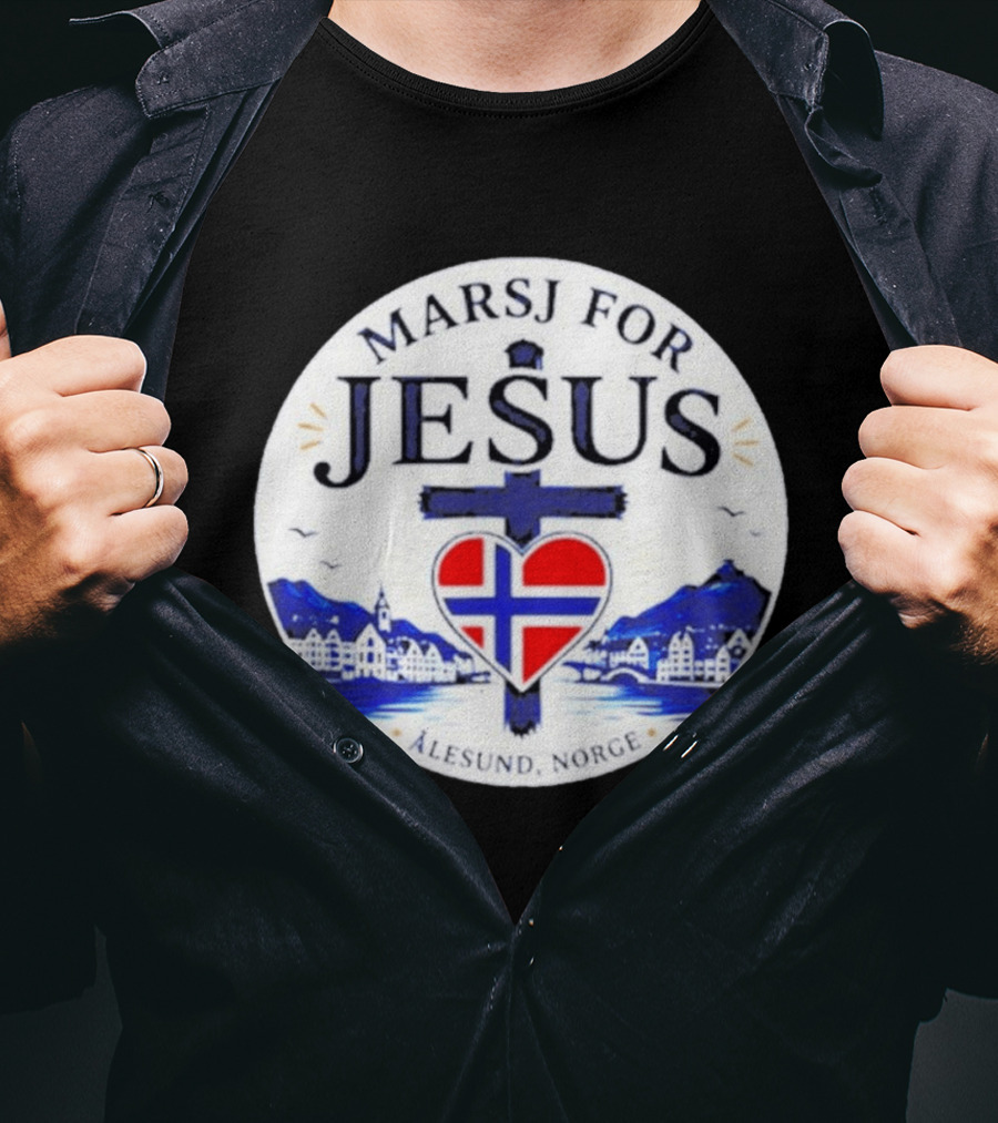 Marsj For Jesus Ålesund Norge Heart And Cross With Norwegian Flag T-Shirt