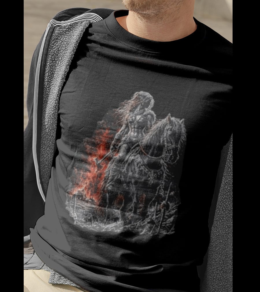 Barbarian Woman Dark Fantasy Warrior On Horseback With Axe And Fire T-Shirt