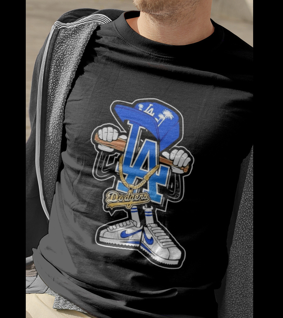 LA Dodgers Palm Trees Gold Chain With Blue Hat And Sneakers T-Shirt