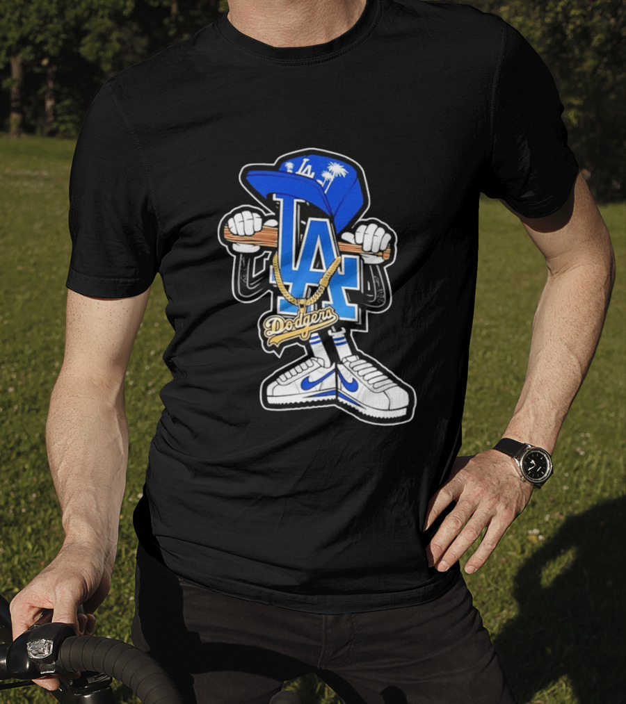 LA Dodgers Palm Trees Gold Chain With Blue Hat And Sneakers T-Shirt