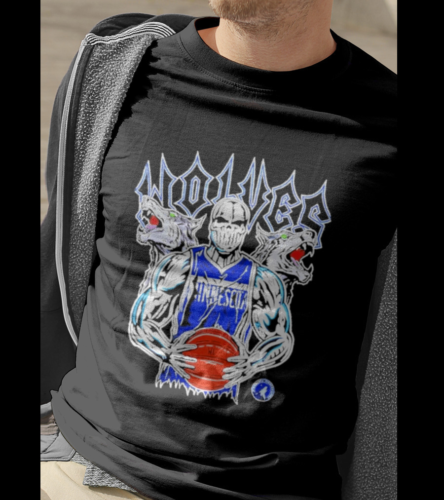 Wolves Minnesota Basketball Skeleton Player With Wolf Heads T-Shirt
