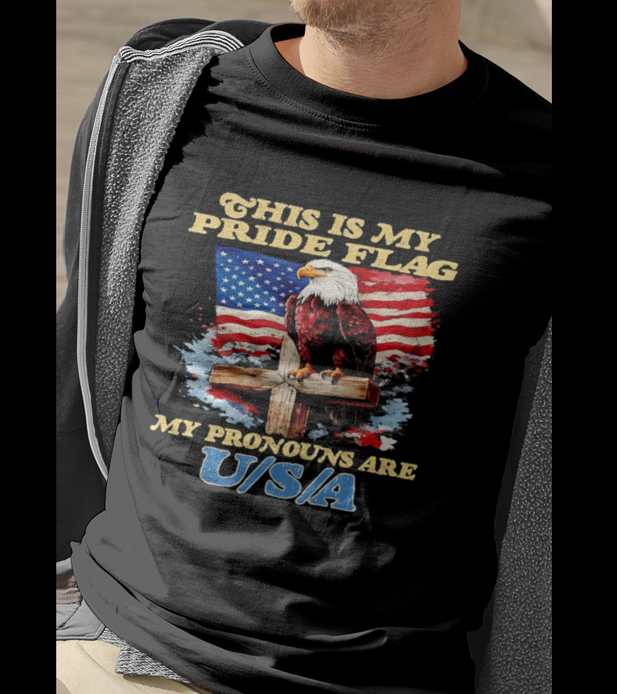 This Is My Pride Flag My Pronouns Are USA Eagle Cross American Flag T-Shirt