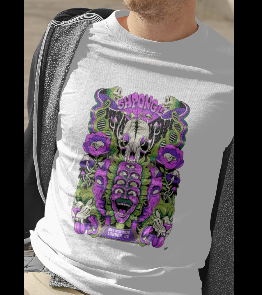 Shpongle May 9th 2026 London UK Psychedelic Imagery Skeletons And Flowers T-Shirt