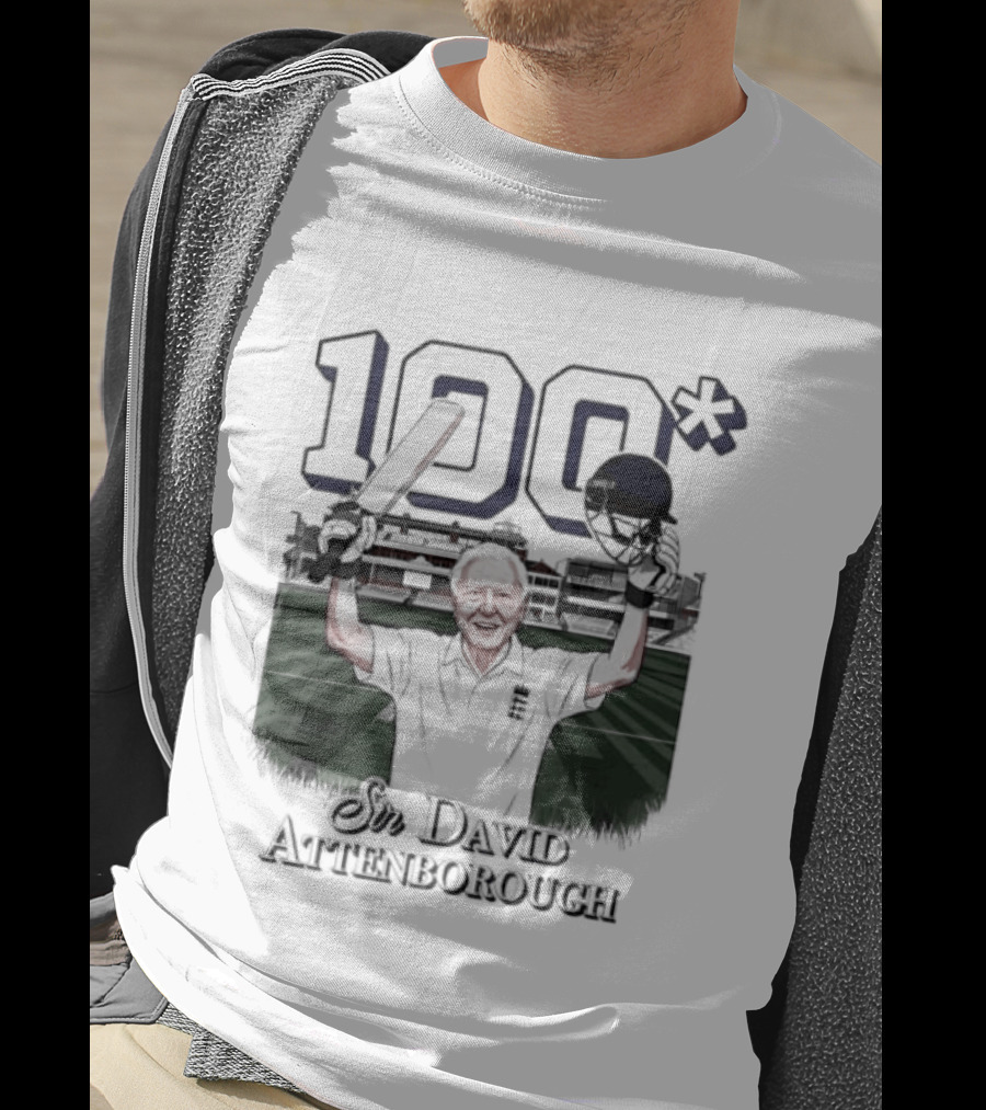 Sir David Attenborough 100 Celebration Cricket Bat And Helmet Raised T-Shirt