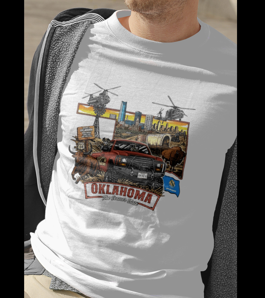 Oklahoma The Sooner State Route 66 Buffalo Cityscape Helicopters T-Shirt