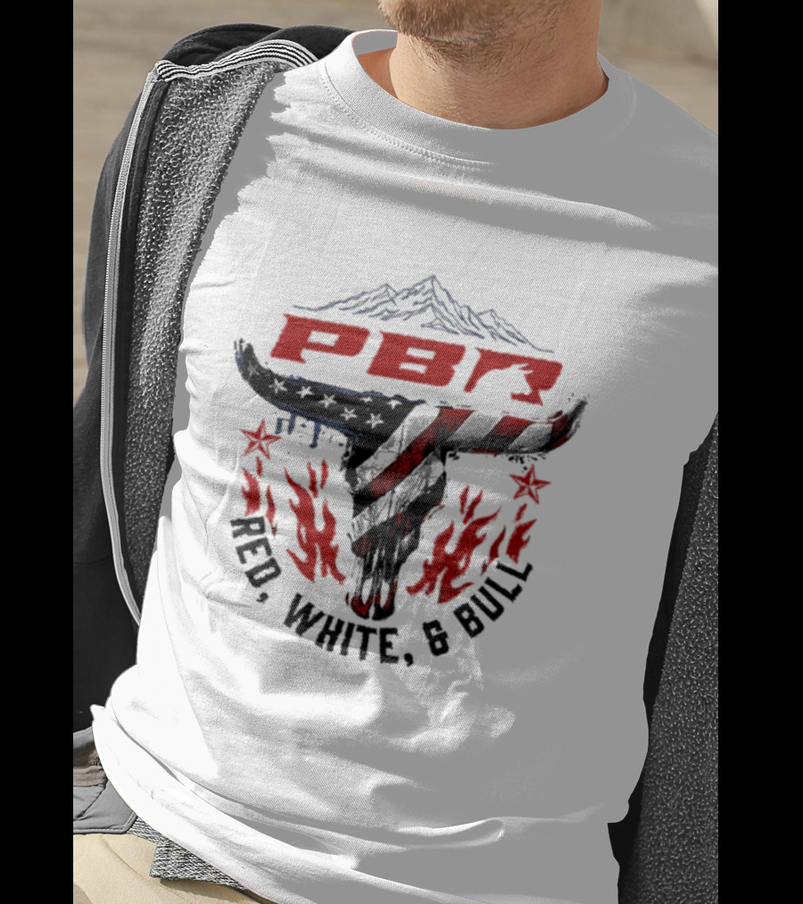 PBR Red White And Bull Mountain Skull Stars And Flames T-Shirt