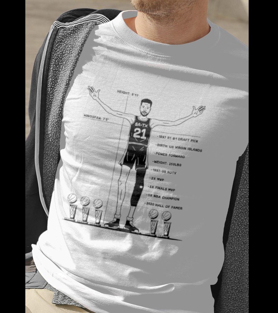 Spurs Tim Duncan 1997 R1 #1 Draft Pick Power Forward 1997 98 ROTY Virgin Islands 2003 Hall Of Fame 15x NBA All Star 2x NBA MVP 5x NBA Champion T-Shirt