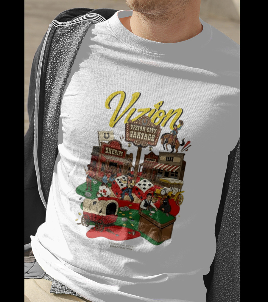 Vizion City Vantage Wild West Cowboy Town Dice Saloon Sheriff Wagon Horse T-Shirt