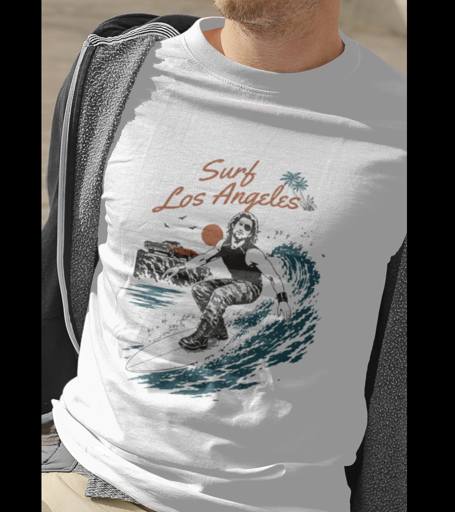 Surf Los Angeles 2026 Vintage Surfer With Sunset And Palm Tree Ocean Wave T-Shirt