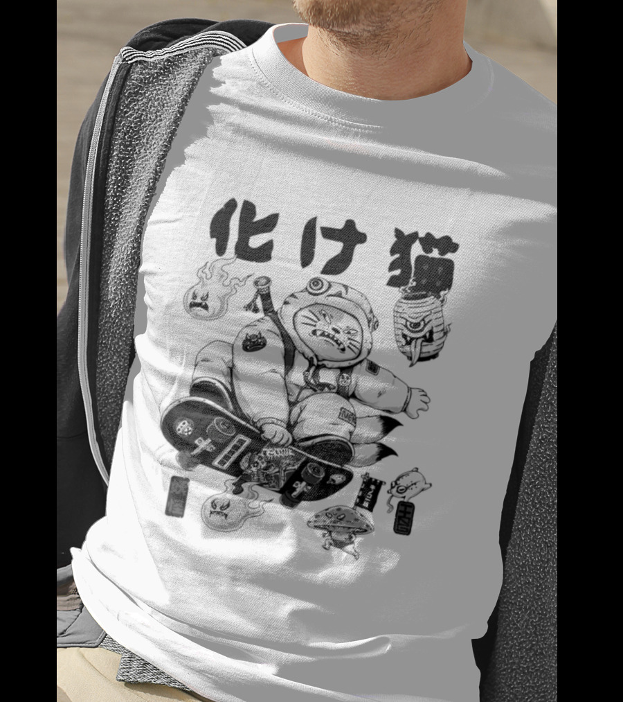Bakeneko Gang Skateboarding Cat Demon Kanji T-Shirt